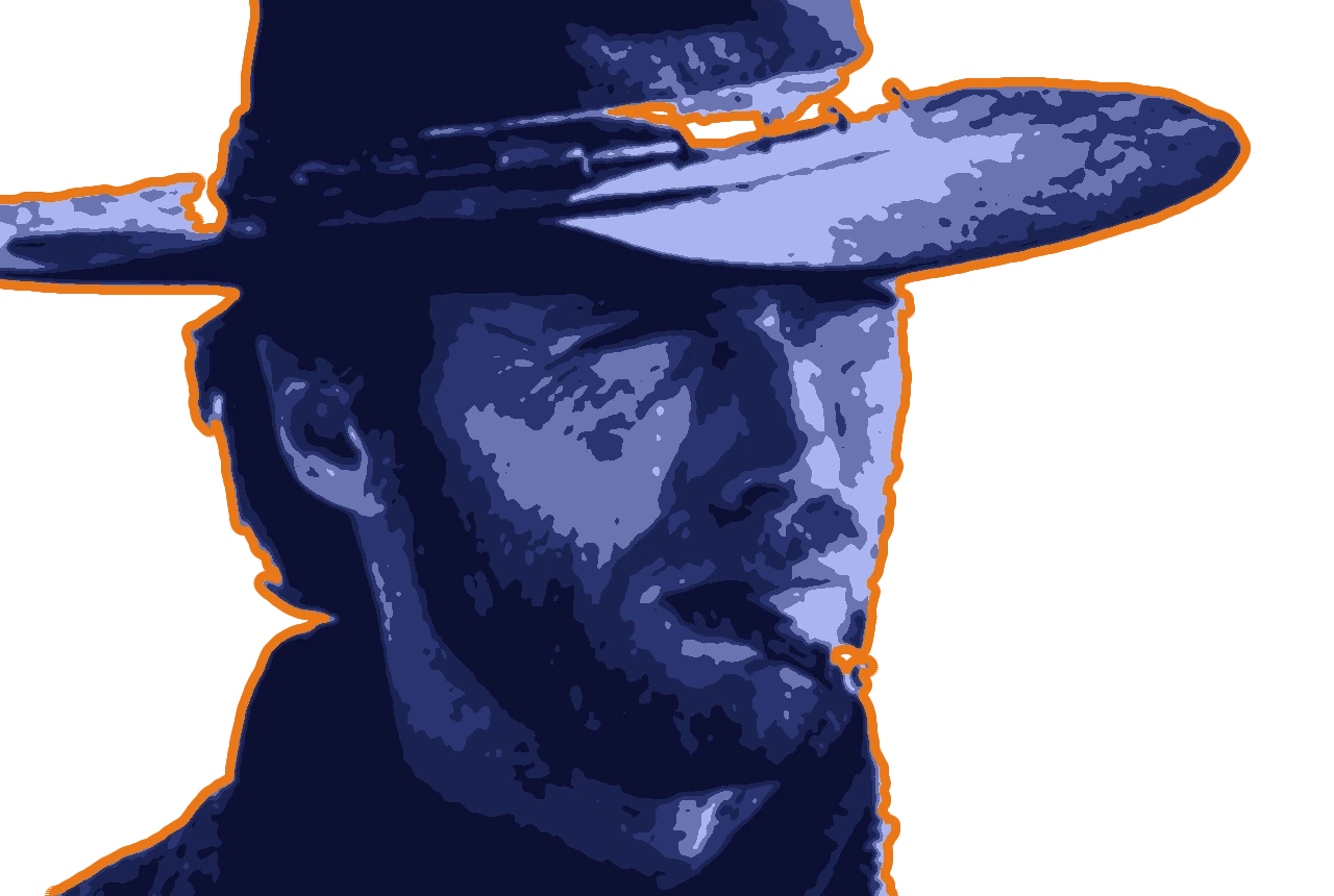 A squinting cowboy with a cigar, in blue with an orange outline