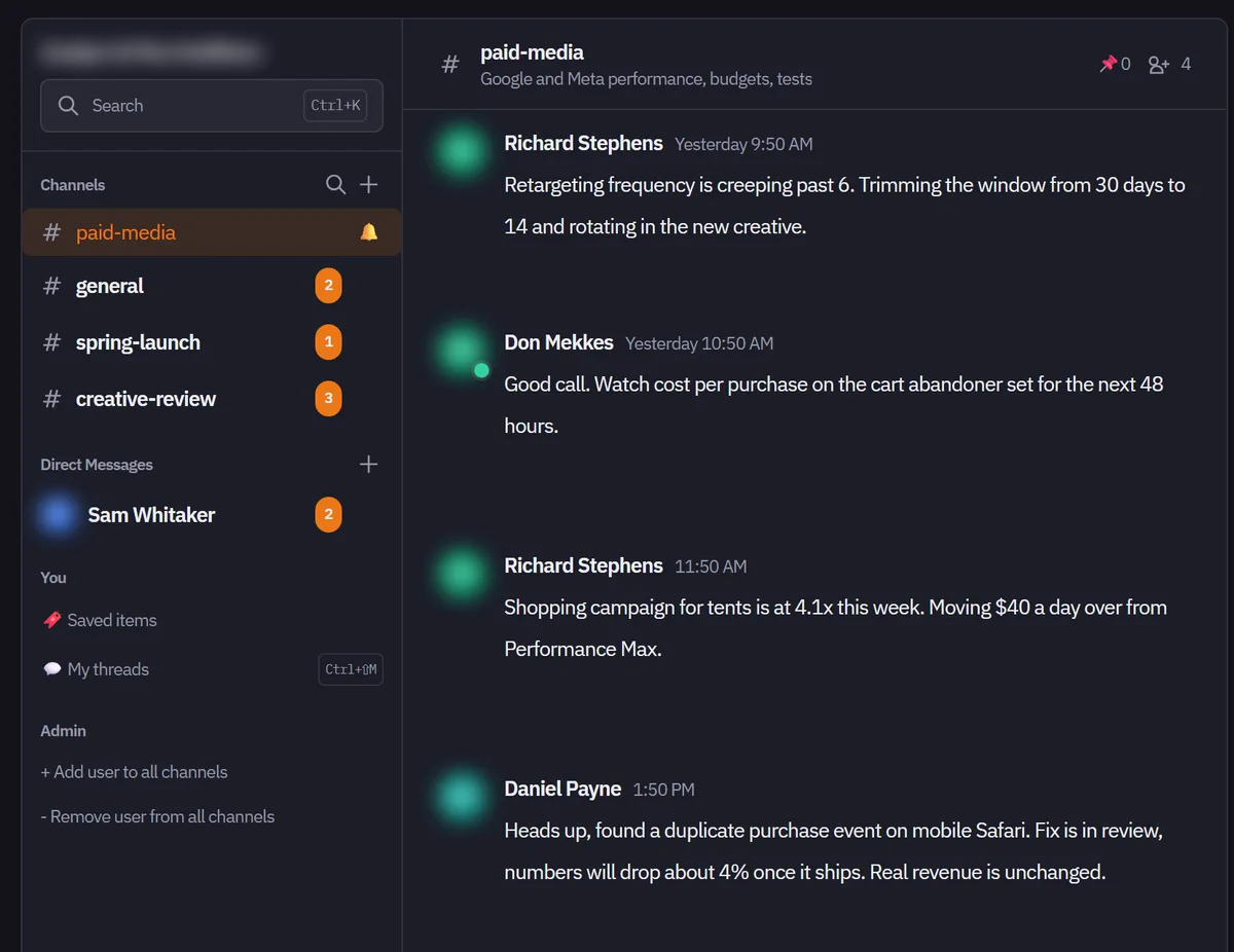 Team messaging with a channel list and an open thread