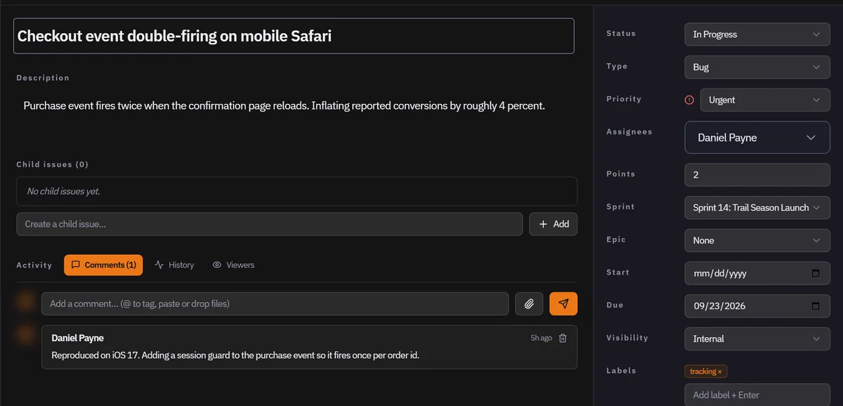 One task opened, showing its owner, due date, and comment thread