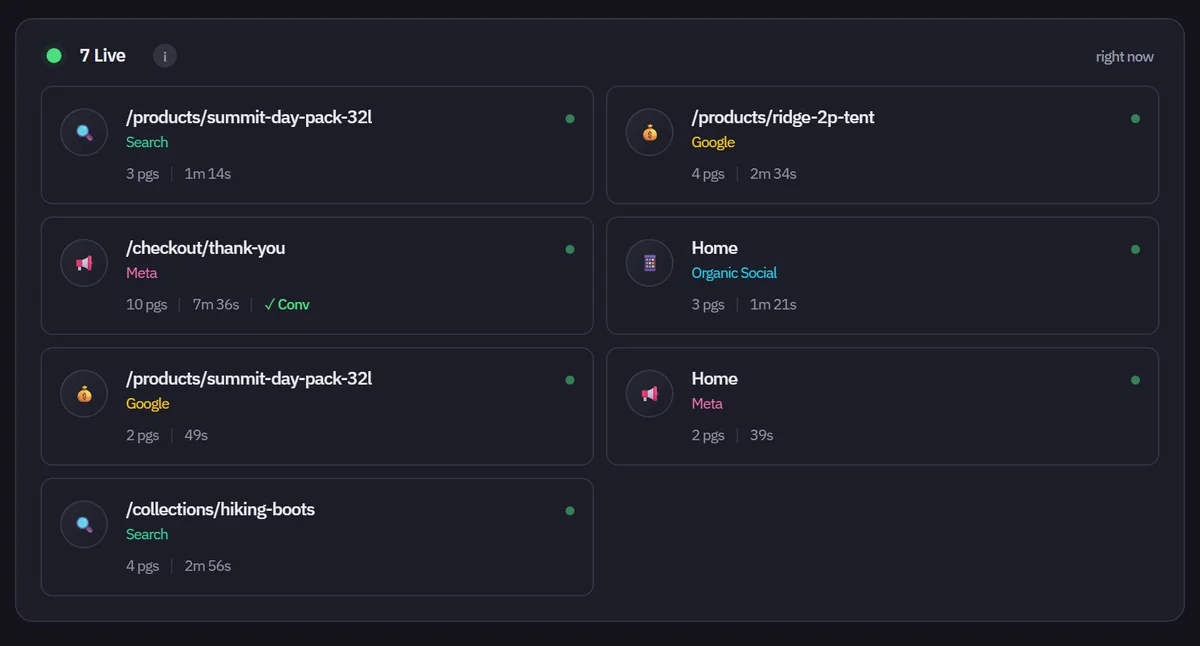 The live visitors panel, showing who is on the site right now and where each came from