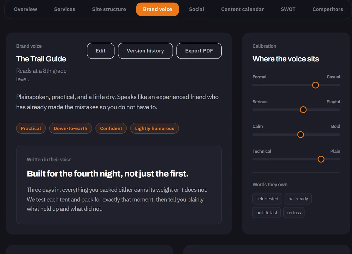 The brand voice guide: tone, calibration, and the words the brand owns